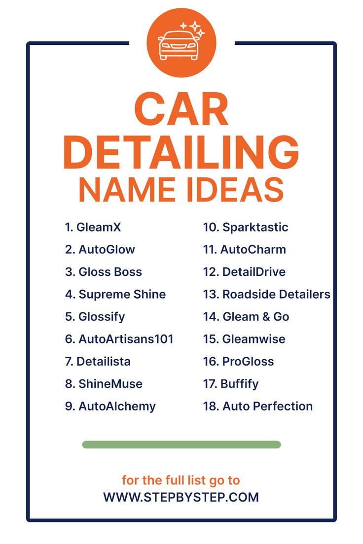 an orange and blue car detailing sign with the words car detailing name ideas on it