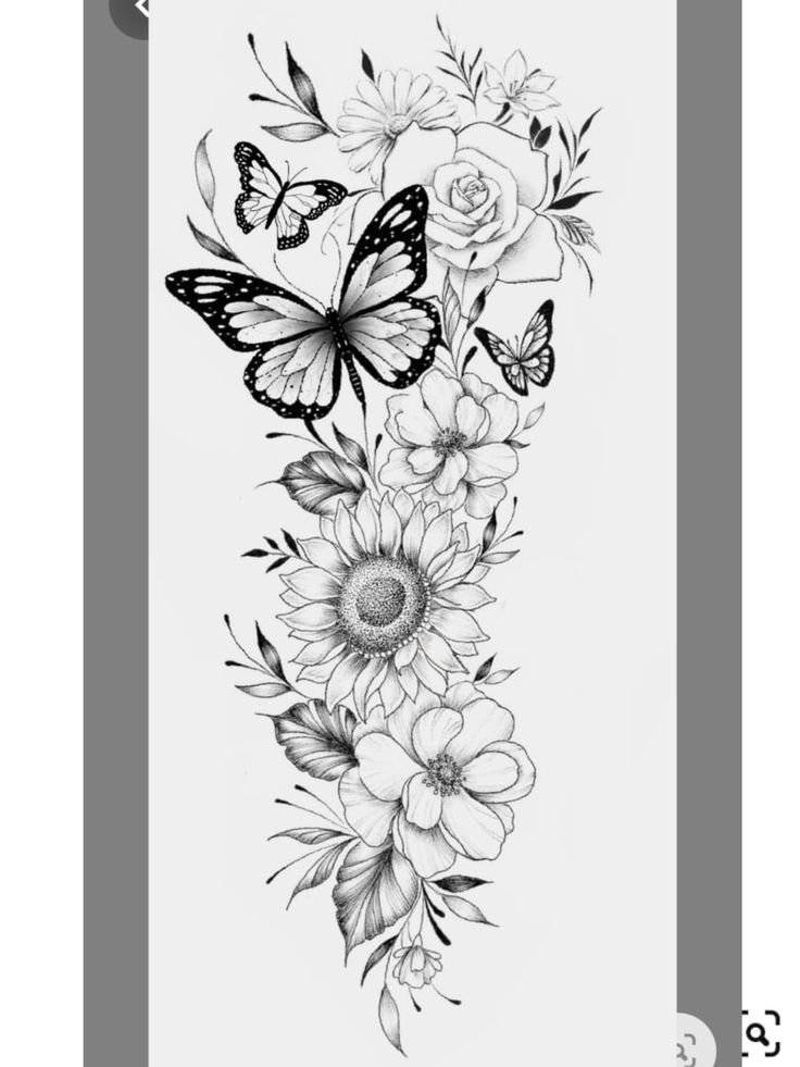 a black and white drawing of flowers with butterflies on the top right side of it