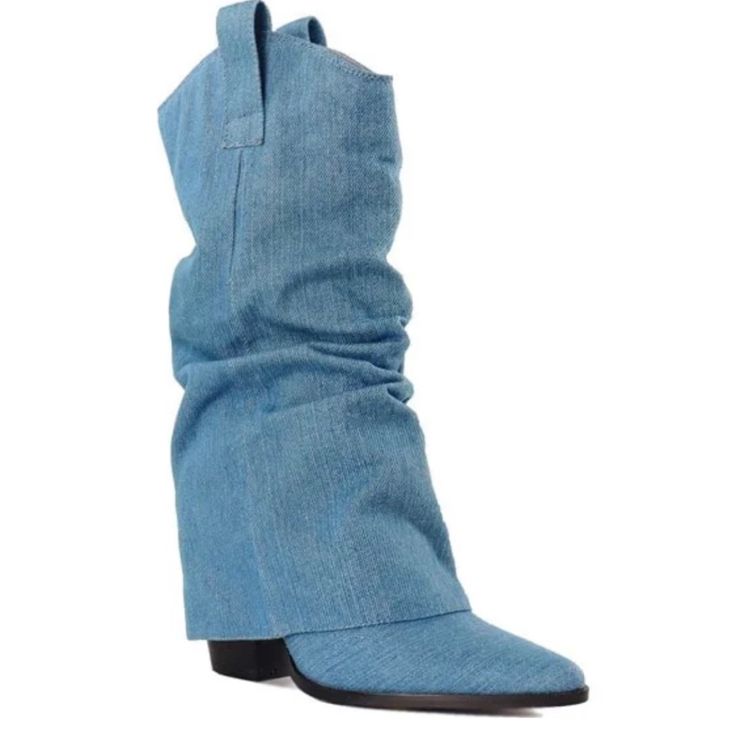 Blue Jean Pointed Toe Cowboy Boots Heel 2.75 Dress Up Or Down Casual Denim Blue Pointed Toe Boots, Summer Blue Denim Boots, Blue Ankle-high Boots For Spring, Denim Blue Boots For Spring, Blue Denim Boots With Pointed Toe, Casual Denim Boots For Summer, Summer Denim Boots With Pointed Toe, Trendy Denim Blue Spring Boots, Casual Denim Summer Boots