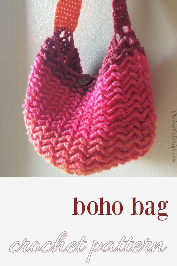 a pink bag hanging from the side of a wall with text overlay that reads, boho bag crochet pattern