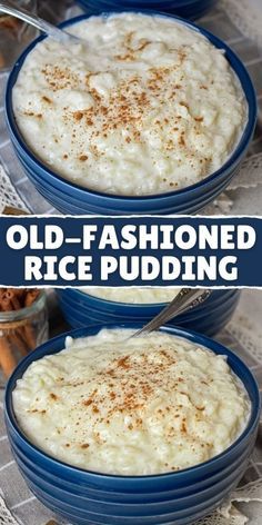 old - fashioned rice pudding in blue bowls with cinnamon sprinkles on top