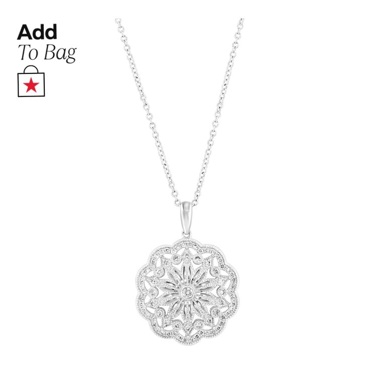 in stock Formal Diamond Medallion Jewelry, Timeless Filigree Jewelry As A Gift, Timeless Filigree Jewelry For Gifts, Timeless Diamond Necklace With Pave Setting As Gift, Timeless Round Filigree Jewelry, 14k White Gold Diamond Necklace With Round Accents, 14k White Gold Round Diamond Necklace Gift, Classic White Gold Diamond Necklace With Flower Pendant, Silver Diamond Necklace With 14k Gold