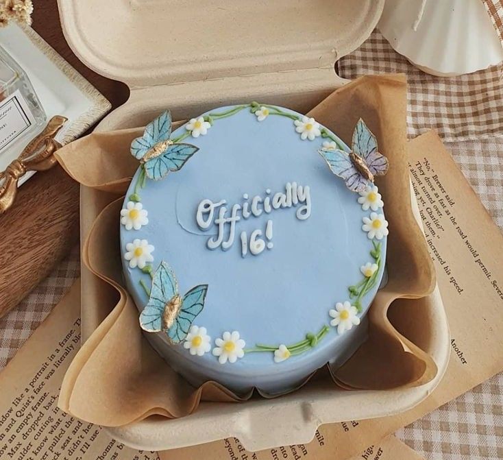 a blue birthday cake with daisies and butterflies in a box on a checkered tablecloth