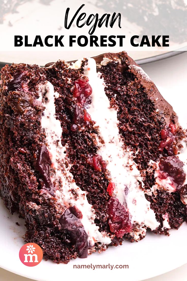 a slice of vegan black forest cake on a plate