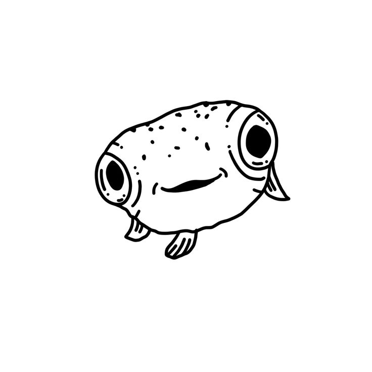 a black and white drawing of a puffer fish with big eyes on it's side