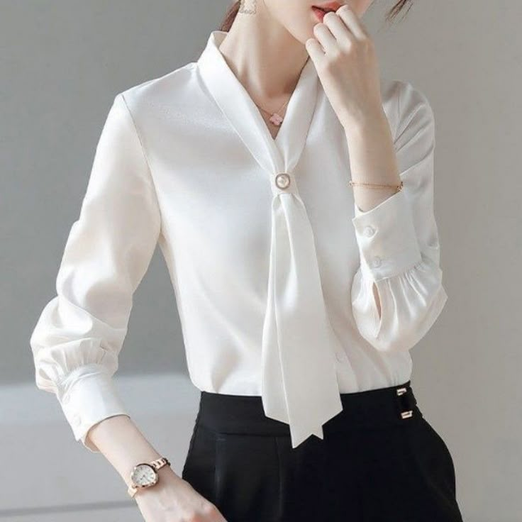 Tie Collar, Bow Tie Collar, Dress Stores Online, Cheap Fashion, Collar Top, 가을 패션, Pullover Designs, Collar Blouse, Work Fashion