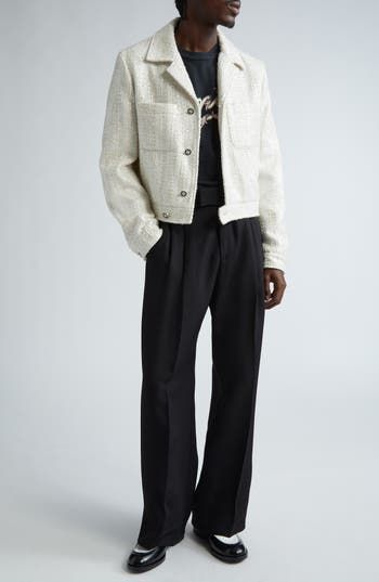 From Amiri's spring '24 runway show comes this texture-rich shirt-jacket cut from a wool-enriched bouclé fabrication bathed in shimmering sequins. 22 1/2" length (size 50 EU) Front button closure Notched collar Button cuffs Chest patch pockets Lined 90% polyester, 10% wool Dry clean Made in Italy Designer Clothing Amiri Jacket Men, Smart Casual Suit, Designer Clothing Brands, Boucle Jacket, Pleated Pants, How To Make Tshirts, Cut Shirts, 80s Fashion, Shirt Jacket