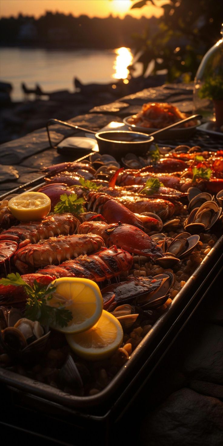 an assortment of seafood is being prepared on the grill for consumption at sunset or sunrise