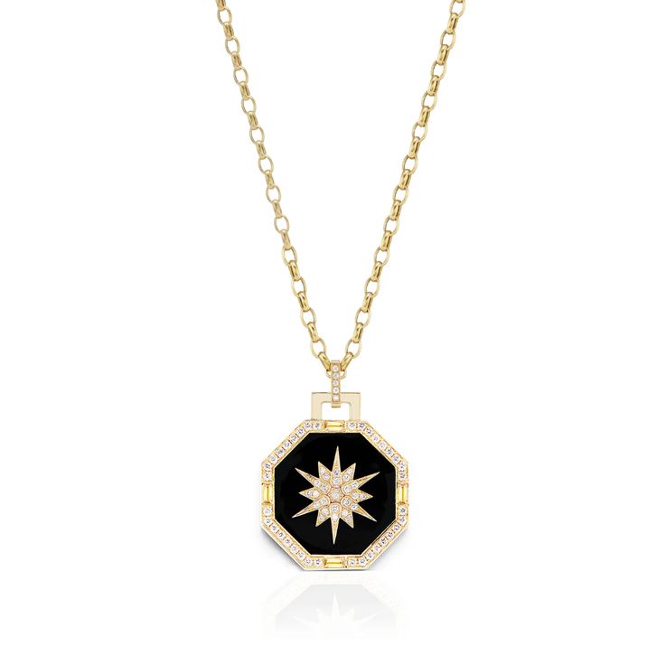 Luxury Octagon Diamond Necklace, Luxury Diamond Necklace With Large Pendant, Luxury 14k Gold Jewelry With Black Enamel, Luxury Diamond Necklace With Octagon Diamond Accents, Luxury Octagon Diamond Necklace As Gift, Luxury Octagon Diamond Necklace With Diamond Accents, Luxury Octagon Diamond Necklace For Gift, Luxury Octagon Diamond Necklace With Accents, Luxury Octagon Diamond Necklace Gift