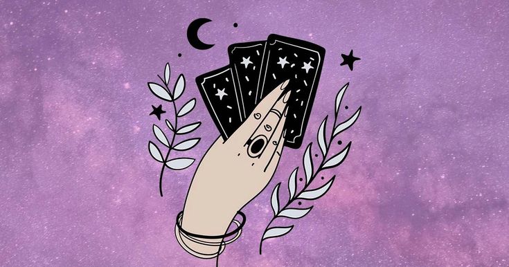 a hand holding playing cards in front of a purple background with stars and leaves on it