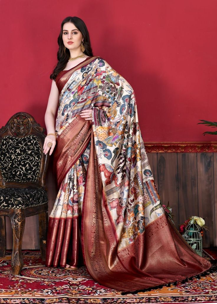 Introducing Pratibha Silk Collection Fabric Details: Saree: Experience the luxurious embrace of Soft Kanjivaram silk in our exquisite saree. Adorned with a captivating Kalamkari Digital Print that graces the entire fabric, this masterpiece also features a lavish Zari pallu and a skillfully woven Contrast border for a touch of elegance. Complete with a charming tassel attachment at the pallu end. Blouse: Complementing the saree, the ensemble includes a Brocade silk blouse piece, adding a perfect finishing touch to your ensemble. Elevate your style with the timeless beauty of Pratibha Silk. Navratri Meenakari Tussar Silk Pre-draped Saree, Navratri Katan Silk Pre-draped Saree With Meenakari, Pre-draped Tussar Silk Saree With Meenakari For Festivals, Multicolor Tussar Silk Pre-draped Saree For Eid, Designer Festive Pre-draped Saree With Kalamkari Print, Wedding Pre-draped Kalamkari Saree Semi-stitched, Wedding Pre-draped Kalamkari Print Semi-stitched Saree, Wedding Pre-draped Semi-stitched Kalamkari Saree, Wedding Pre-draped Kalamkari Print Saree