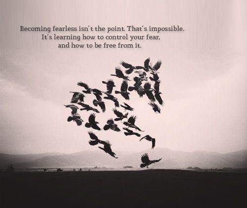 a flock of birds flying in the air with a quote above it that reads, becoming fearless is the point that's impossible