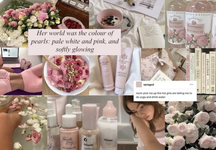 a collage of pink and white flowers, perfumes, and personal care products