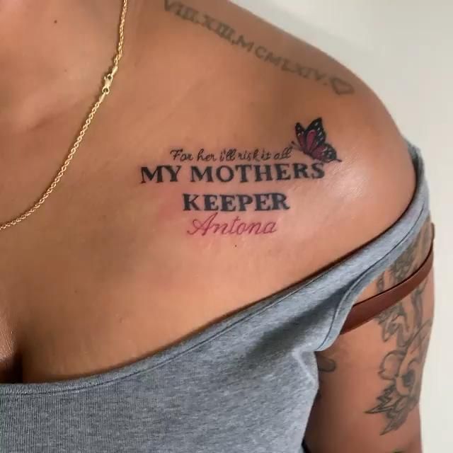 a woman with a tattoo on her shoulder that says, my mother is keeper arizona