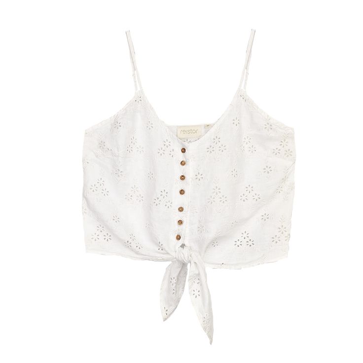 This airy camisole-style top is a wardrobe essential with adjustable straps, a tie-up front and allover eyelet embroidery.  Rhea is 5'8"and is wearing an XS WASHING Machine wash gentle cycle or hand wash using mild detergent. Do not use bleach.  IRONING Iron inside out when the garment is slightly damp to remove wrinkles and creases.  DRYING Tumble dry on low heat or line dry in the shade for best results. Eyelet Embroidery, Pool Day, Pool Days, Wrinkle Remover, Tan Lines, Independent Designers Fashion, Quality Fashion, Nice Tops, White Top