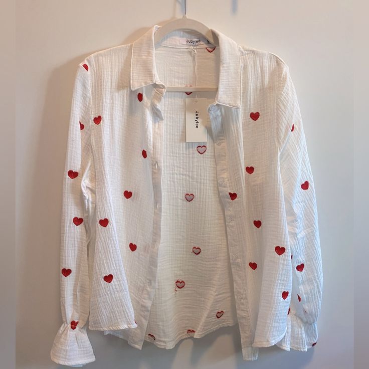 White Blouse With Red Hearts Embroidered. Synched Long Sleeves. This Is A Paris Based Boutique. New With Tags Long Sleeve Heart Print Shirt For Spring, White Casual Blouse With Heart Print, Summer White Blouse With Heart Print, Cute Long Sleeve Red Blouse, White Heart Print Blouse For Summer, Cute Red Long Sleeve Blouse, Heart Blouse, Grey Turtleneck, A Paris