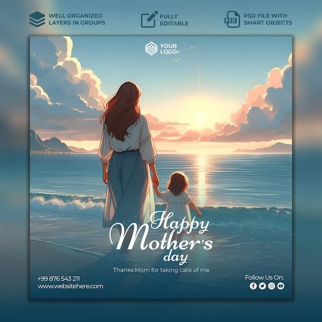 a mother's day flyer with a woman and child walking on the beach at sunset