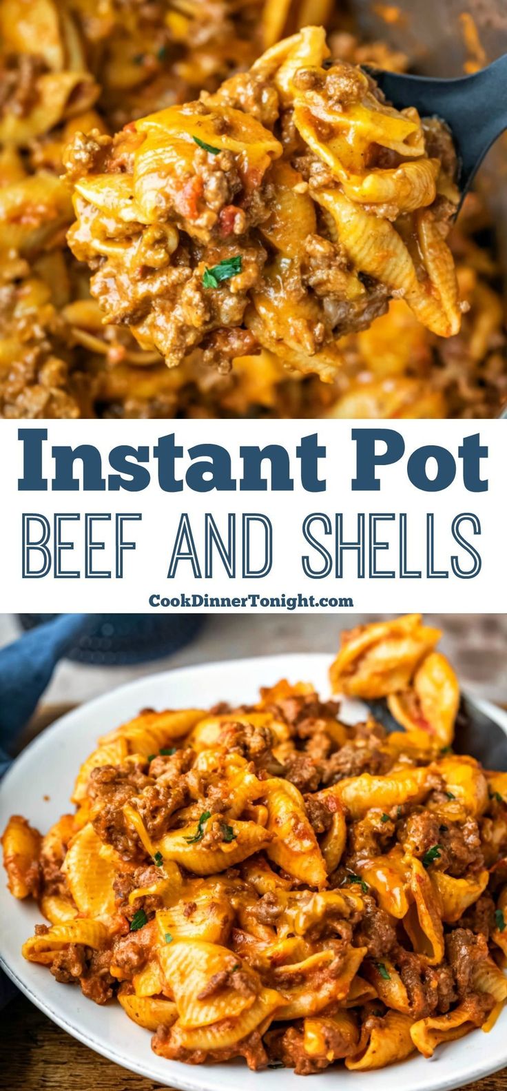 instant pot beef and shells in a skillet with text overlay that reads instant pot beef and shells