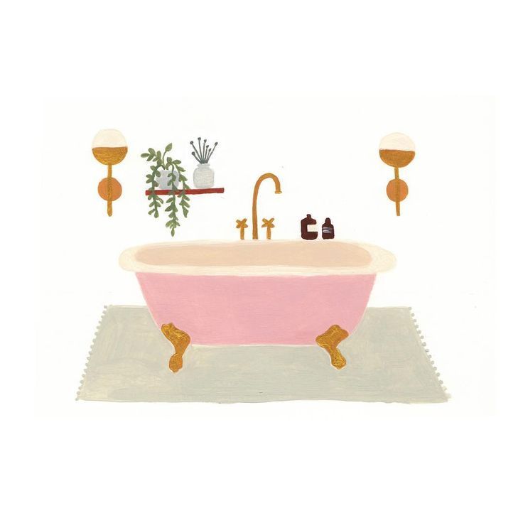 a pink bath tub sitting on top of a rug next to two candles and a potted plant