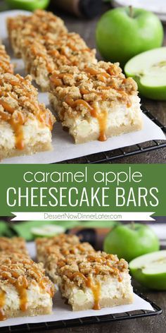 caramel apple cheesecake bars on a plate with apples in the background and text overlay