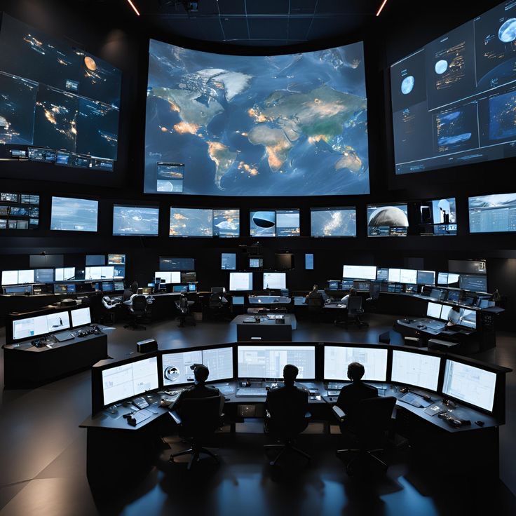 the control room is full of multiple monitors with screens showing earth's weather conditions