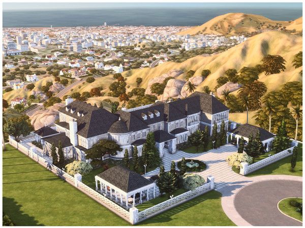 this is an artist's rendering of a large mansion in the middle of a hilly area