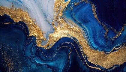 an abstract painting with gold and blue colors on the bottom, it looks like fluid paint