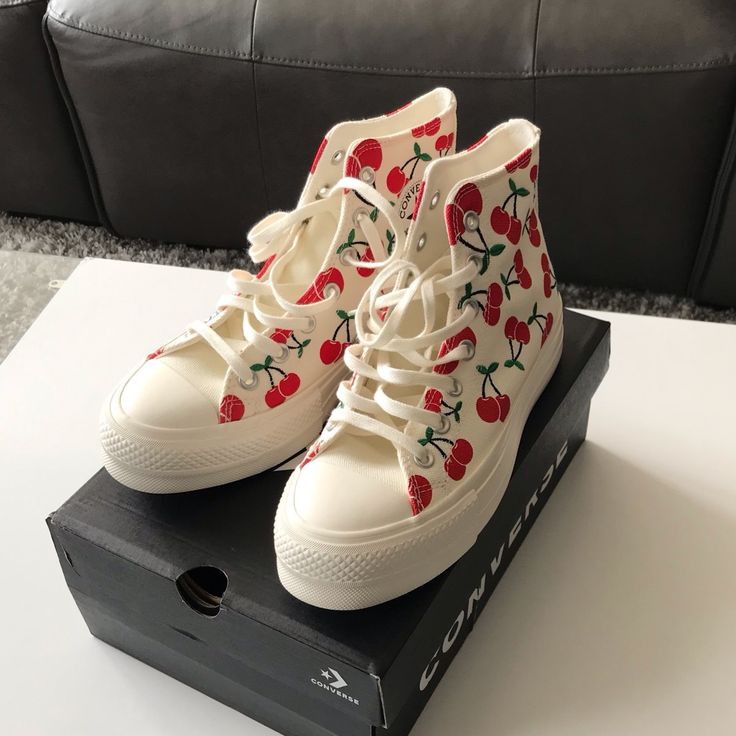 Brand New. Never Worn. I Call These The “Cherry Garcias” Off White, W/ Red & Green Cherries. The Box Comes With It, But It’s Not The Best Shape. These Run Small, So They Can Fit A Women’s Size 7 And No Larger Than A 7.5 Shoe Size. Strawberry Converse, Cherry Converse, Fruit Shoes, Cherry Shoes, Converse Collection, Converse Aesthetic, Chuck Taylor Converse, Green Cherries, Preppy Shoes