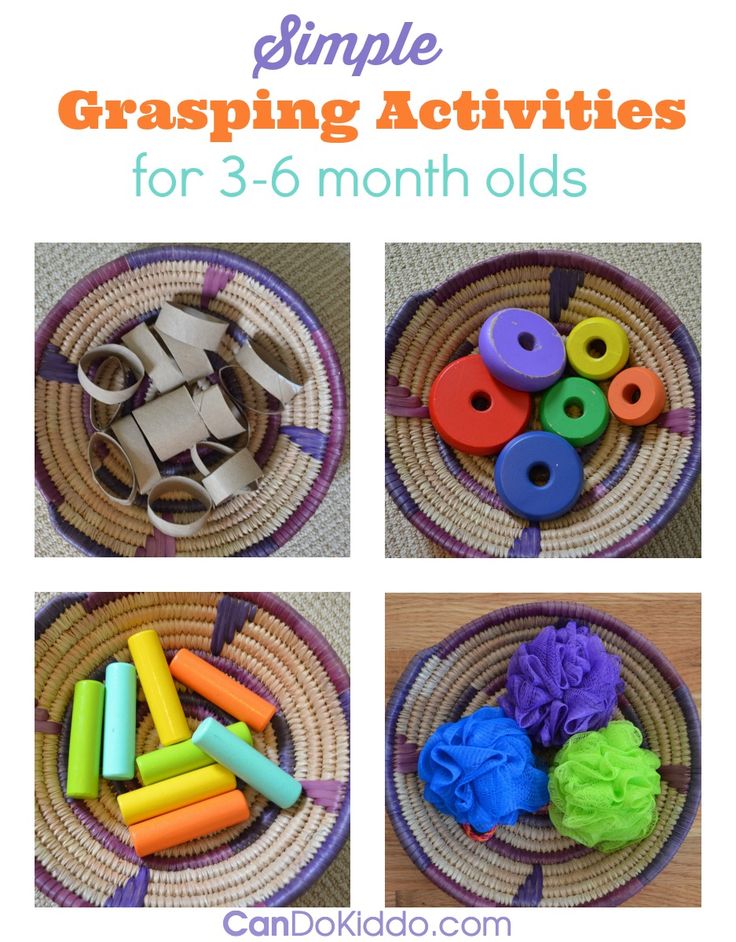 four pictures of different activities for 3 - 6 month olds with text overlay that reads simple grasping activities for 3 - 6 month olds