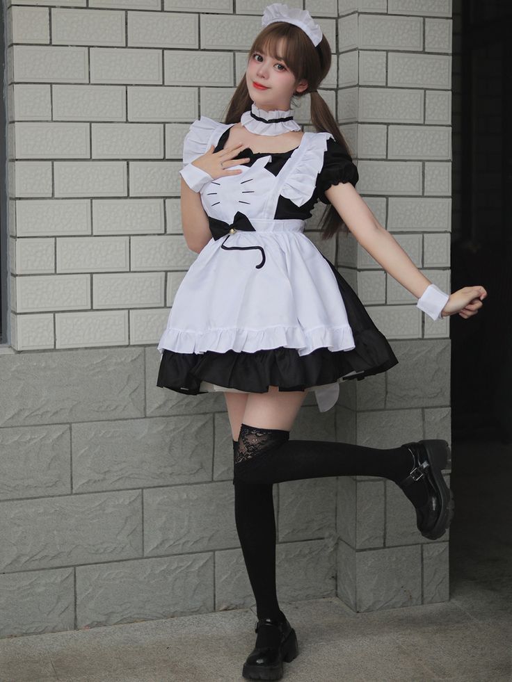 Women's Black White Kitty Lolita Dress
Features：

 	Product ID:DS0391
 	Material:Polyester
 	Season:Spring,Summer,Autumn,Winter
 	Color:Black

Size Chat： White Fitted Kawaii Mini Dress, Kawaii Fitted White Mini Dress, Kawaii Fitted Mini Dress With Short Sleeves, Black Summer Cosplay Dress, Black Mini Dress For Cosplay In Summer, Black Mini Dress For Summer Cosplay, White Short Sleeve Mini Dress For Costume Party, White Mini Dress With Short Sleeves For Costume Party, Black Summer Costume Dress