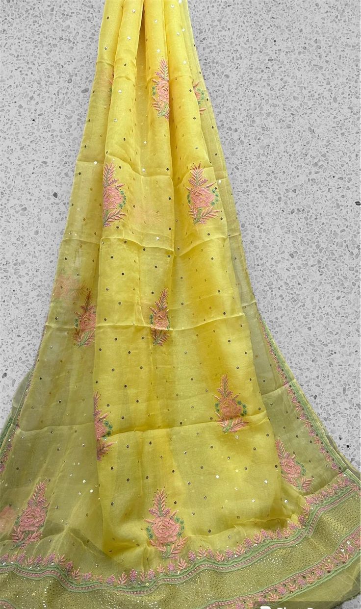 Beautiful Soft pure  organza silk  Saree �🥻  with blouse  Lucknowi chikan n Mukesh work dyeble Yellow Embroidered Unstitched Slub Silk Suit, Yellow Embroidered Slub Silk Unstitched Suit, Yellow Sheer Dupatta In Slub Silk, Yellow Sheer Slub Silk Dupatta, Slub Silk Dupatta For Spring Weddings, Spring Wedding Dupatta In Slub Silk, Wedding Dupatta In Slub Silk For Spring, Spring Wedding Slub Silk Dupatta, Summer Sheer Dupatta Blouse In Chanderi