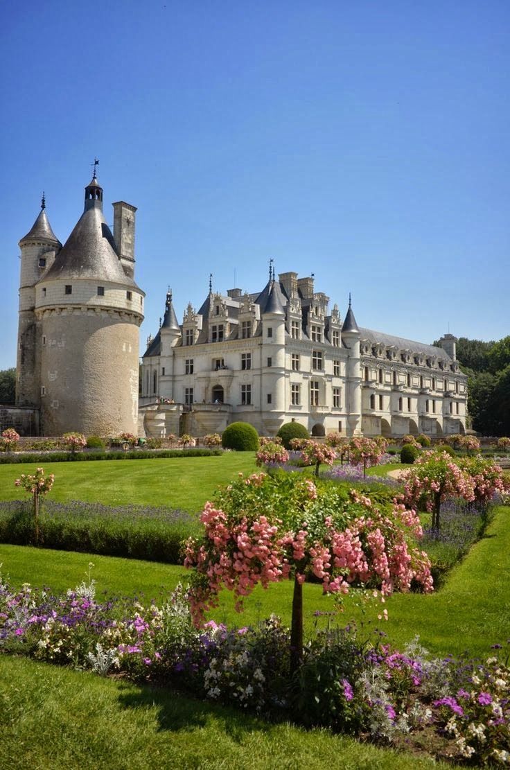 an old castle with flowers in the foreground and green grass on the other side