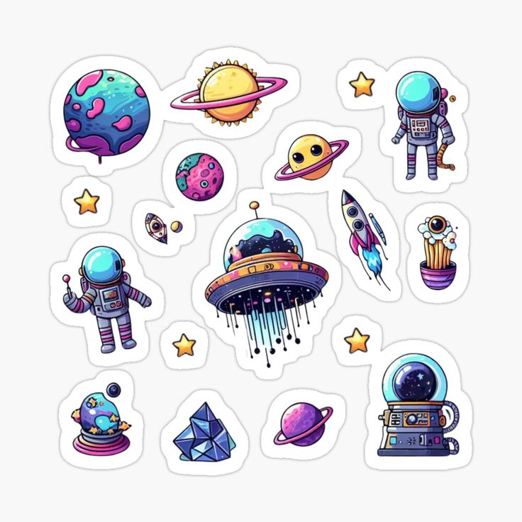 an assortment of stickers with space related items on them, all in different shapes and sizes