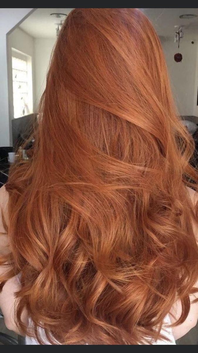 the back of a woman's head with long, wavy hair in red tones