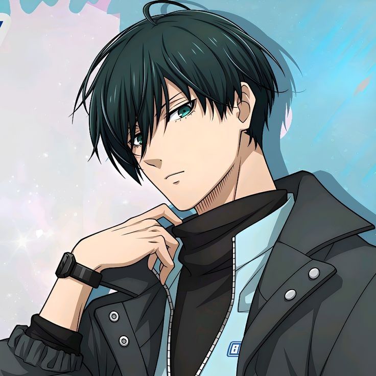 an anime character with black hair and green eyes wearing a black jacket, standing in front of a blue background