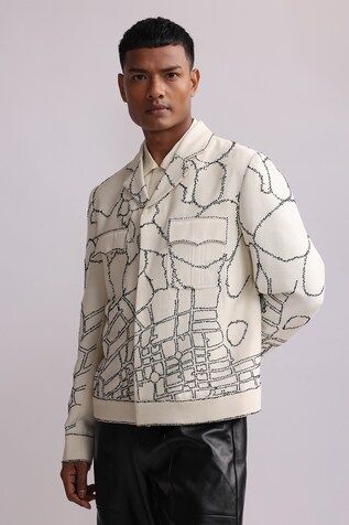 White full sleeves button down jacket with abstract thread embroidery and front pockets. - Aza Fashions Designer Long Sleeve Outerwear With Patch Pockets, Embroidery Jacket, Button Down Jacket, Men Jackets, Thread Embroidery, Notch Collar, Embroidered Shorts, Jacket For Men, Full Sleeves