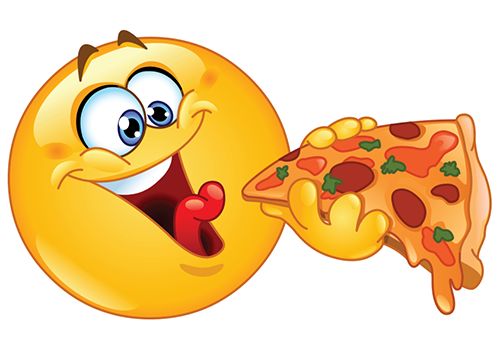 an emoticive smiley face holding a slice of pizza