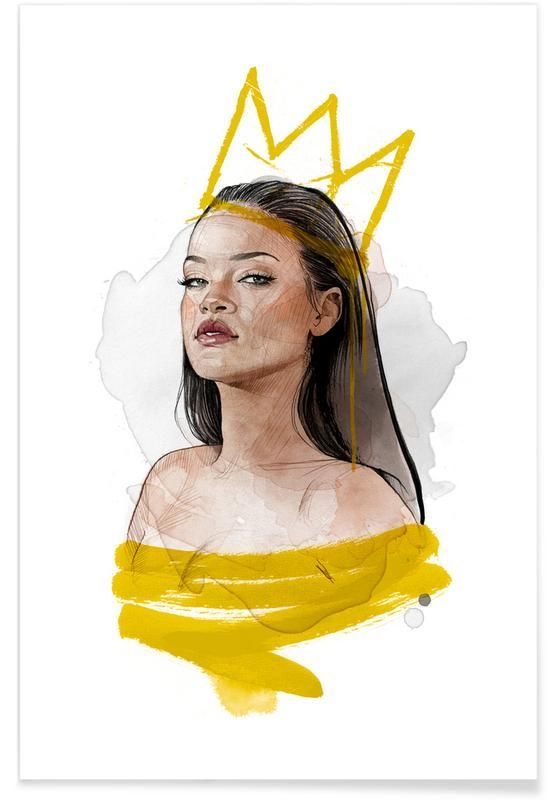 a drawing of a woman with a crown on her head and yellow ribbon around her neck