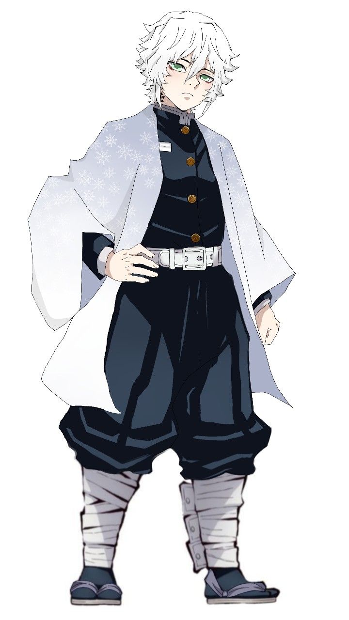 an anime character with white hair and black clothes, standing in front of a white background