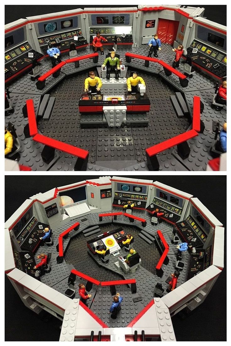 two pictures of the inside of a lego star trek ship with people sitting at tables