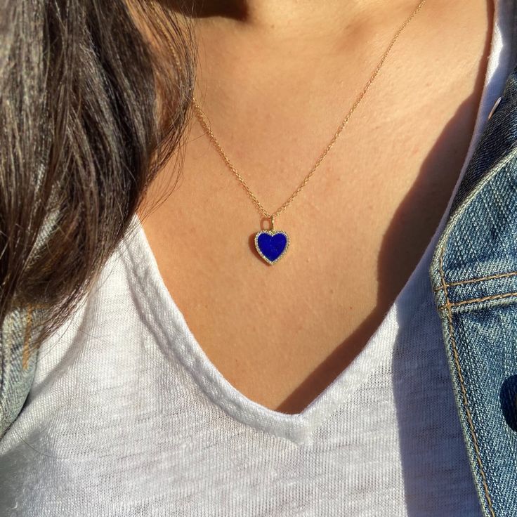 Sapphire Heart Pendant With Heart Charm, Blue Pendant Necklace With Cable Chain, Blue Heart Pendant Jewelry Gift For Her, Sapphire Heart Pendant Necklace With Heart Charm, Blue Heart Cut Jewelry With Heart Charm, Blue Heart Pendant Necklace As Gift For Her, Blue Sterling Silver Cable Chain Jewelry, Blue Dainty Jewelry For Valentine's Day, Blue Heart Shaped Fine Jewelry