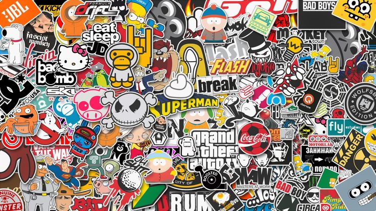 many different stickers and decals are shown in this image, including one that has been