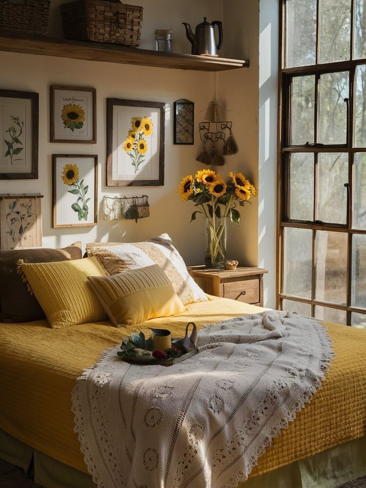 the sun shines through the windows in this bedroom with yellow bedding and pillows