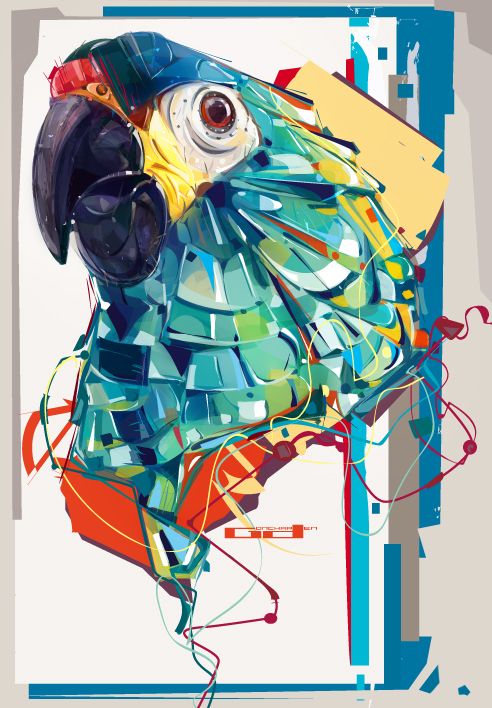 a painting of a colorful parrot on a white background