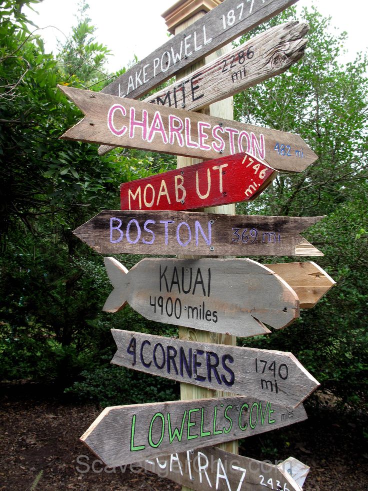 a wooden sign post with many different signs on it's side and trees in the background