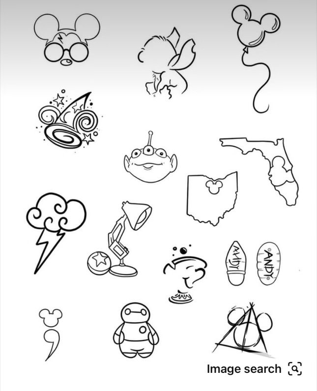 mickey mouse and other disney characters drawn in ink on white paper with the words, image search