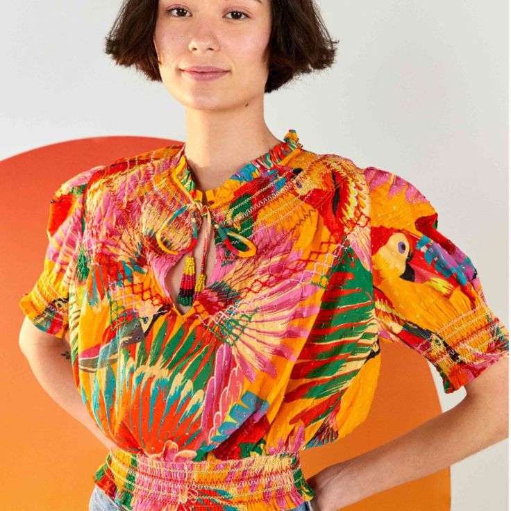 Farm Rio Orange Colorful Toucans Embroidered Blouse Never Been Worn Vibrant Blouse With Tropical Print For Vacation, Tropical Tops With Vibrant Print, Vibrant Tropical Print Multicolor Top, Tropical Short Sleeve Blouse, Short Sleeve Blouse With Tropical Print, Bohemian Multicolor Tropical Print Tops, Tropical Print Multicolor Tops, Multicolor Tropical Print Top, Tropical Multicolor Tops With Tropical Print