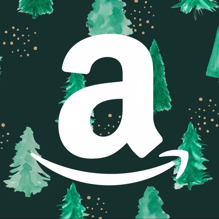 an amazon logo surrounded by pine trees and gold confetti on a black background