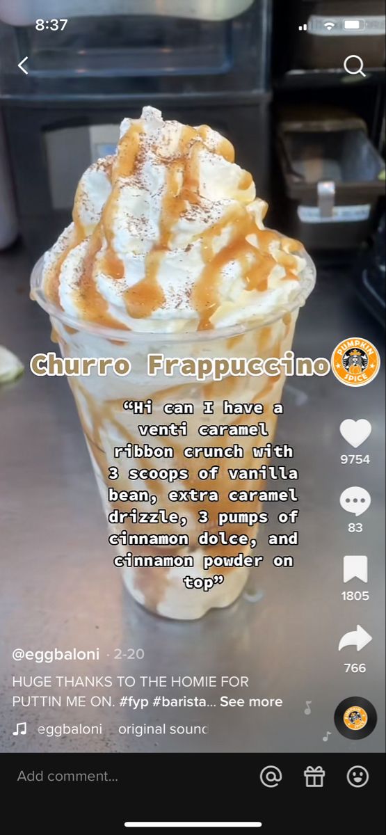 an app showing the recipe for churro frappuccino, which is served in a glass cup