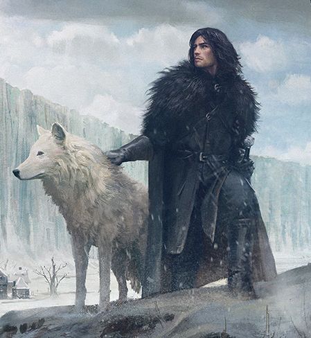 a man standing next to a white wolf